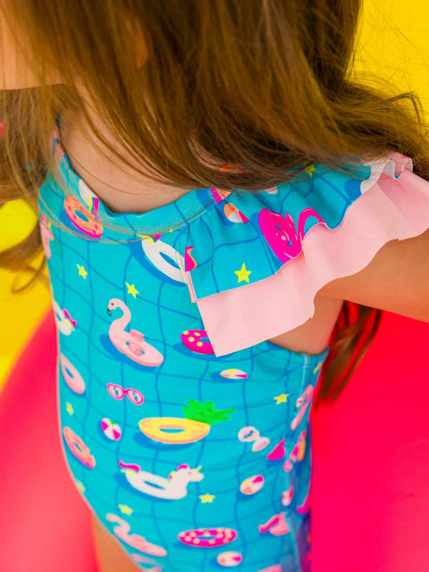 Bow V-Back One Piece Swimsuit - Neon Pool Party