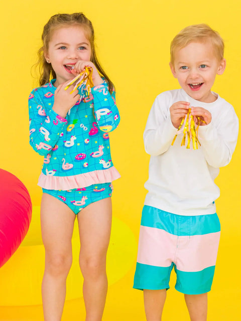 Long Sleeve Rash Guard 2-Piece Swimsuit - Neon Pool Party