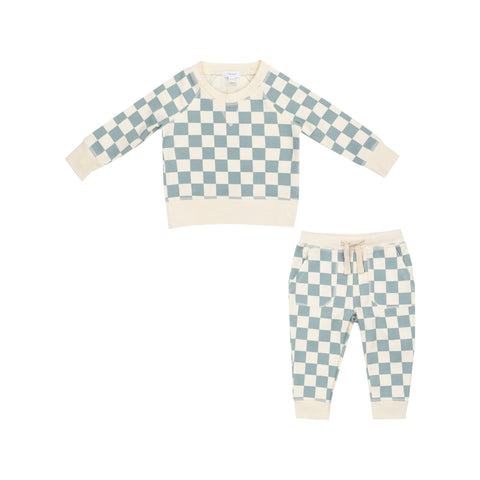 French Terry Checkerboard Gray Mist Raglan Sweatshirt & Jogger Set - Angel Dear