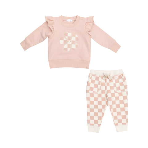 French Terry Checkerboard Pink Ruffle Patch Sweatshirt & Jogger - Angel Dear