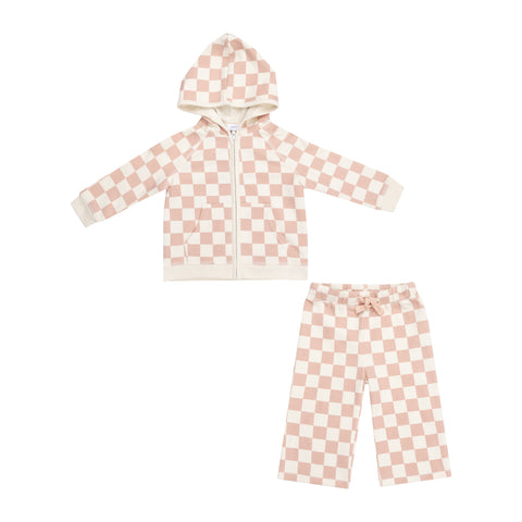 French Terry Checkerboard Pink Zip Hoodie & Wide Leg Pant - Angel Dear