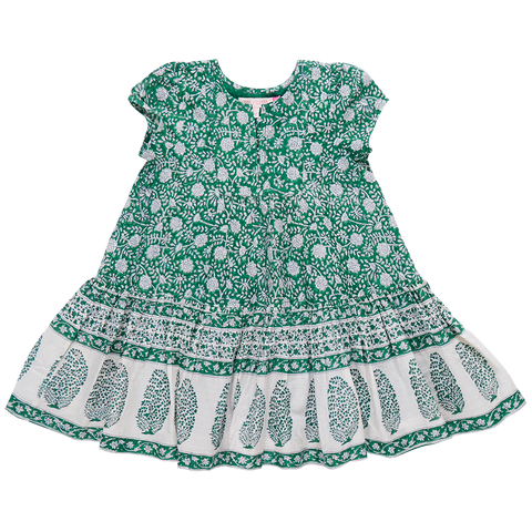 Girls Adele Dress - Green Garden Floral - Pink Chicken