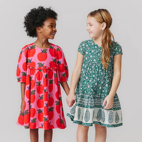 Girls Adele Dress - Green Garden Floral - Pink Chicken