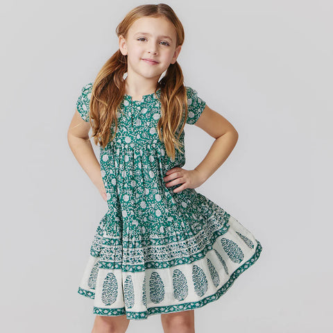 Girls Adele Dress - Green Garden Floral - Pink Chicken