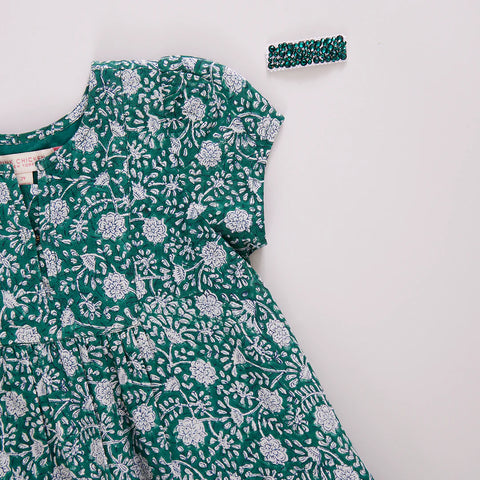 Girls Adele Dress - Green Garden Floral - Pink Chicken