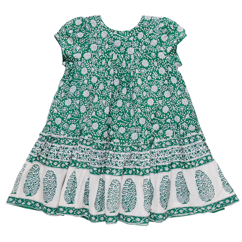 Girls Adele Dress - Green Garden Floral - Pink Chicken