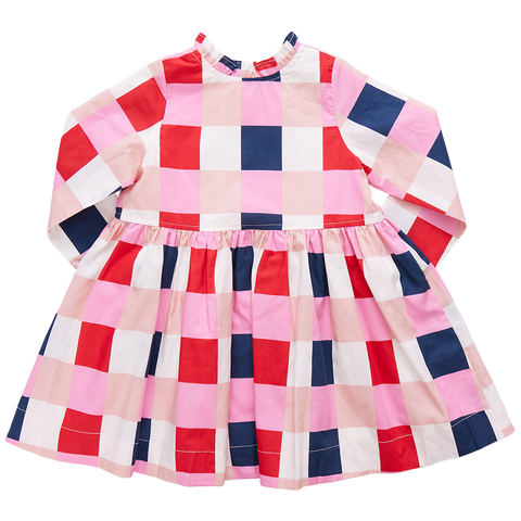 Girls Autumn Dress - Navy Red Check - Pink Chicken