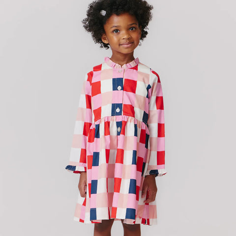 Girls Autumn Dress - Navy Red Check - Pink Chicken