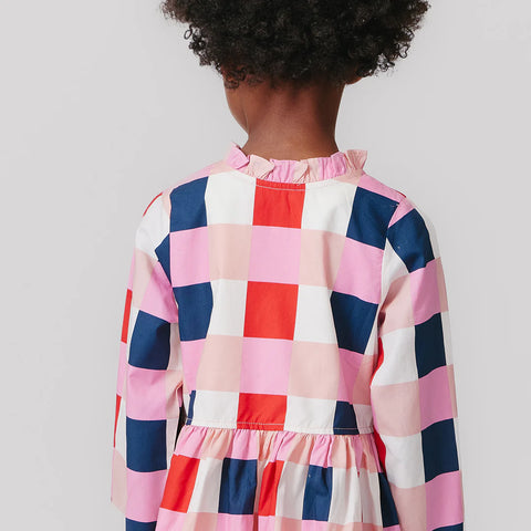 Girls Autumn Dress - Navy Red Check - Pink Chicken