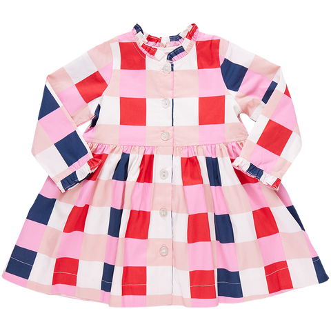 Girls Autumn Dress - Navy Red Check - Pink Chicken