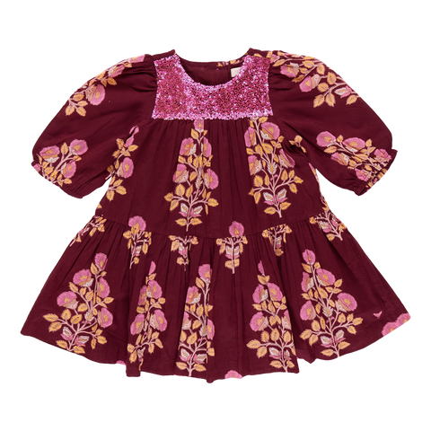 Girls Fiona Dress - Burgundy Bouquet Floral - Pink Chicken