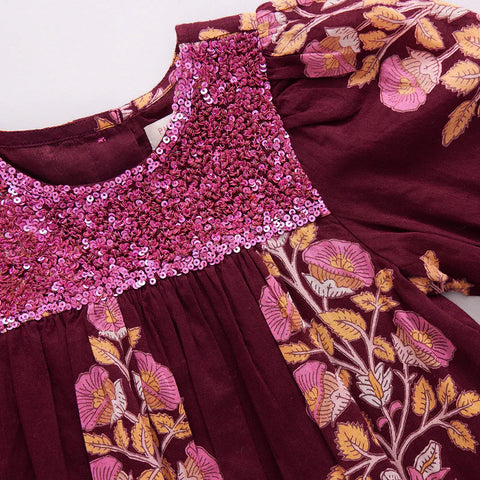 Girls Fiona Dress - Burgundy Bouquet Floral - Pink Chicken