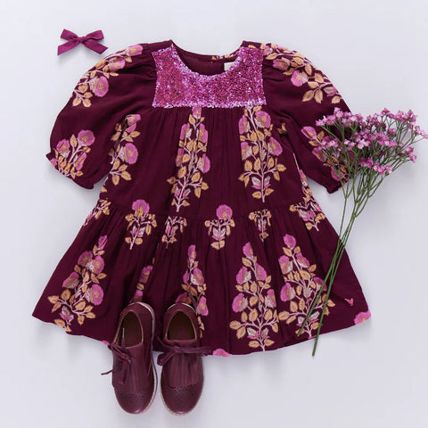 Girls Fiona Dress - Burgundy Bouquet Floral - Pink Chicken