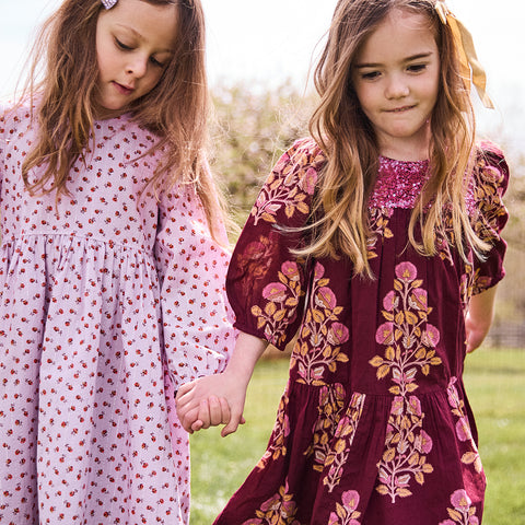 Girls Fiona Dress - Burgundy Bouquet Floral - Pink Chicken