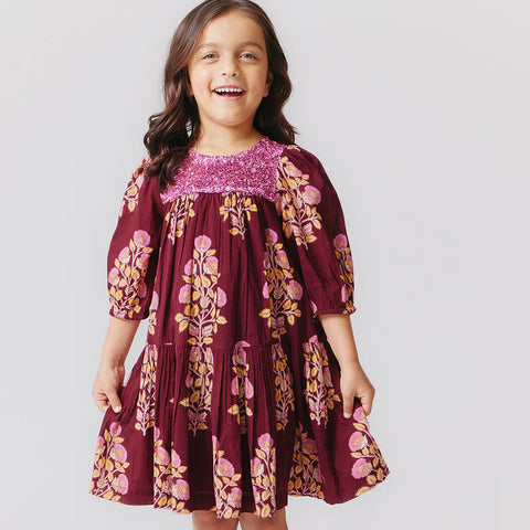 Girls Fiona Dress - Burgundy Bouquet Floral - Pink Chicken