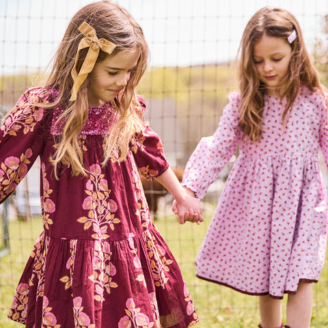 Girls Fiona Dress - Burgundy Bouquet Floral - Pink Chicken