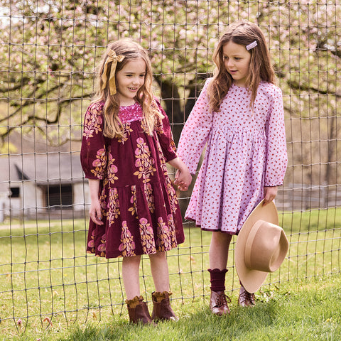 Girls Fiona Dress - Burgundy Bouquet Floral - Pink Chicken