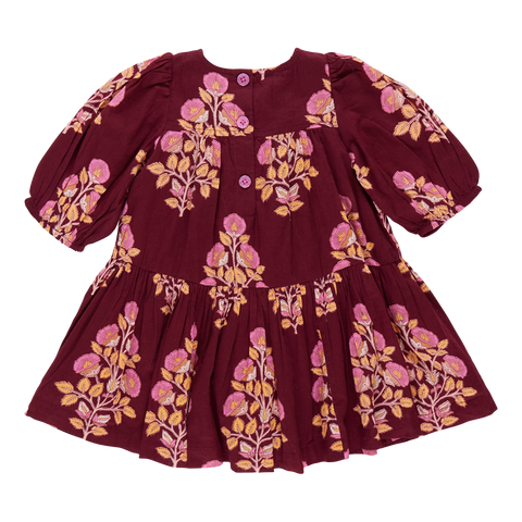 Girls Fiona Dress - Burgundy Bouquet Floral - Pink Chicken