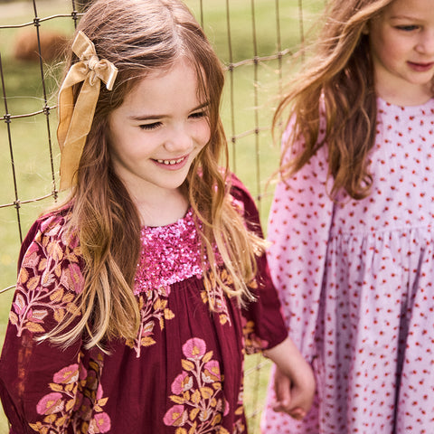 Girls Fiona Dress - Burgundy Bouquet Floral - Pink Chicken