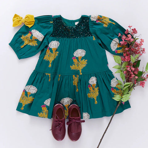 Girls Fiona Dress - Emerald Marigold - Pink Chicken