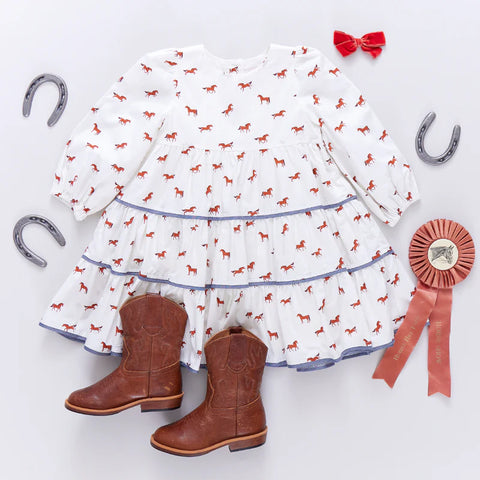 Girls Julia Dress - Tiny Horses - Pink Chicken