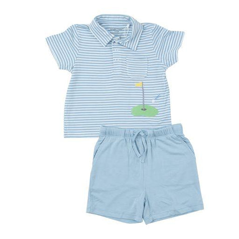 Golf Appliqué Dream Blue Stripe Polo Shirt and Shorts Set - Angel Dear