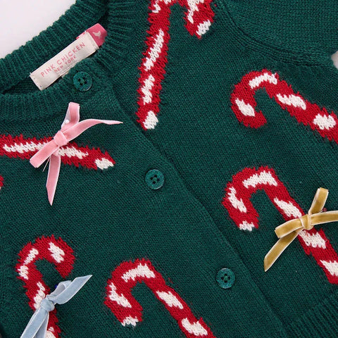 Green Candy Cane Bows Baby Girls Constance Sweater - Pink Chicken