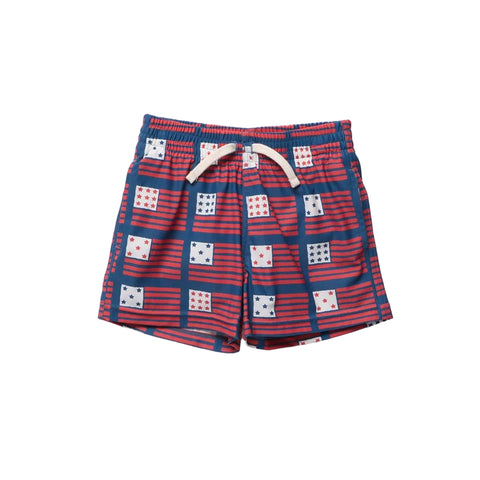 Red and blue checkered shorts with white drawstring on a light gray background
