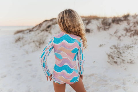 Kids Pink Blue Surf Wave Zip Rash Guard One Piece Swimsuit - Oopsie Daisy