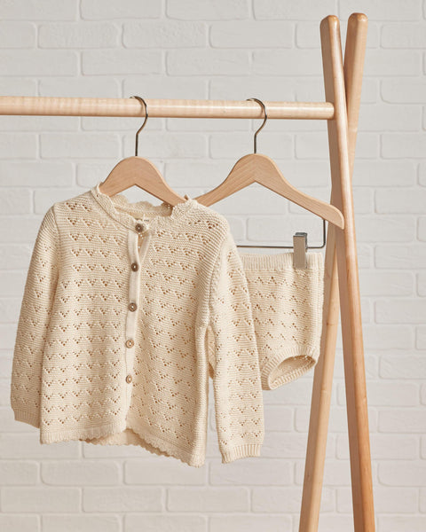 Quincy Mae AW23 Natural Knit Scalloped Cardigan and Knit Bloomers
