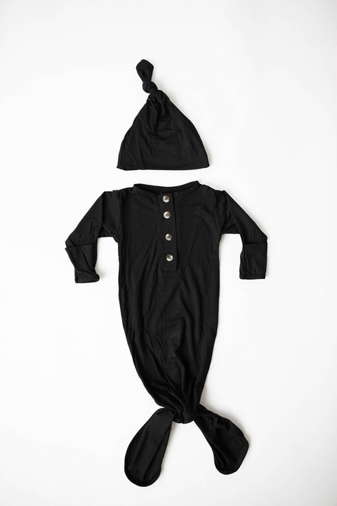 Knotted Baby Gown & Hat Set - Black - Stroller Society