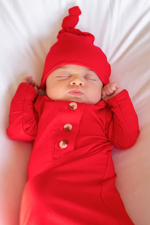 Knotted Baby Gown & Hat Set - Holiday Red - Stroller Society