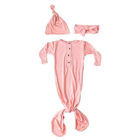 Pink Knotted Baby Gown, Hat, and Headband Set from Stroller Society