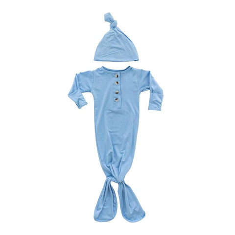 Knotted Button Baby Gown & Hat Set - Baby Blue - Stroller Society