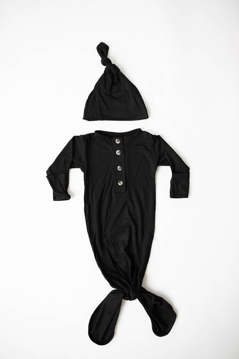 Knotted Button Baby Gown & Hat Set - Black - Stroller Society