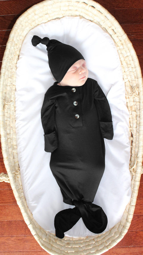 Knotted Button Baby Gown & Hat Set - Black - Stroller Society