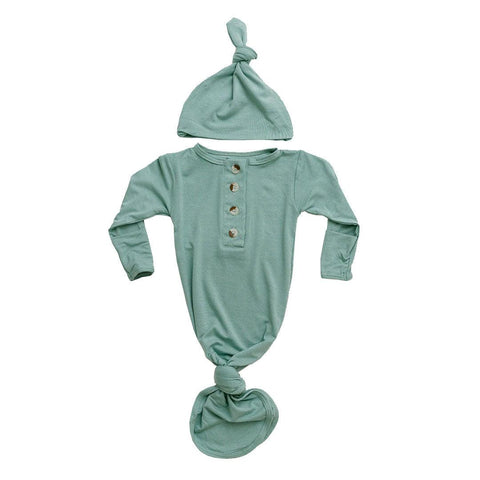 Knotted Button Baby Gown & Hat Set - Mint - Stroller Society