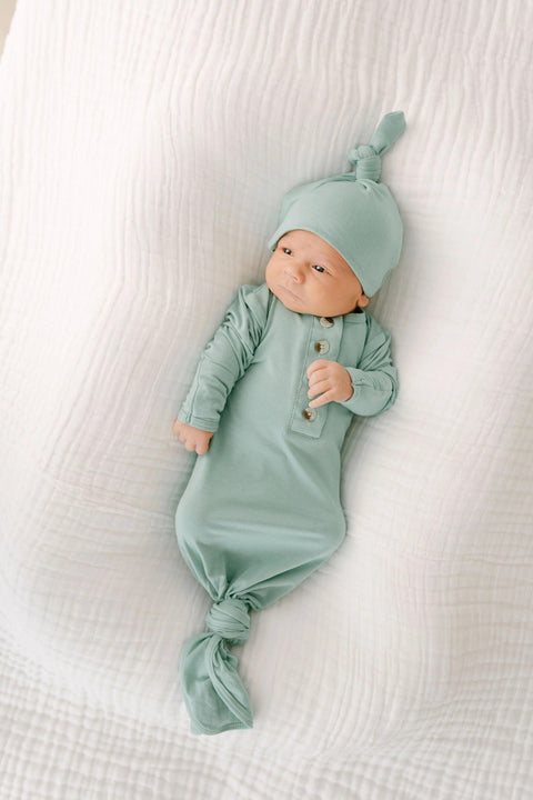 Knotted Button Baby Gown & Hat Set - Mint - Stroller Society