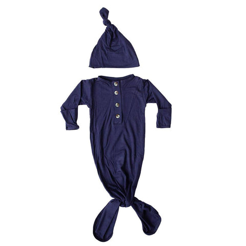 Knotted Button Baby Gown & Hat Set - Navy Blue - Stroller Society