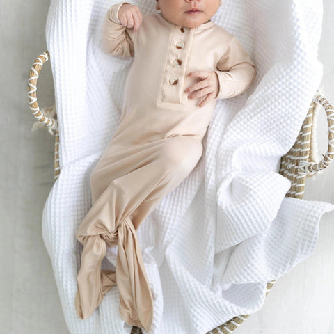 Knotted Button Baby Gown & Hat Set - Sand - Stroller Society