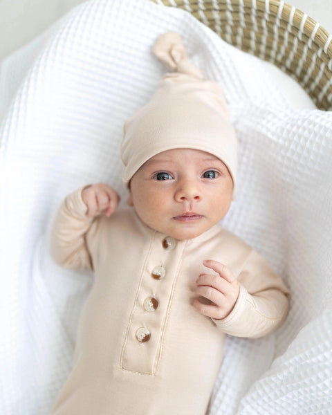 Knotted Button Baby Gown & Hat Set - Sand - Stroller Society