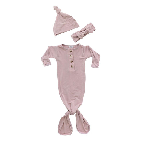 Knotted Button Baby Gown, Hat & Headband Set - Dusty Rose - Stroller Society