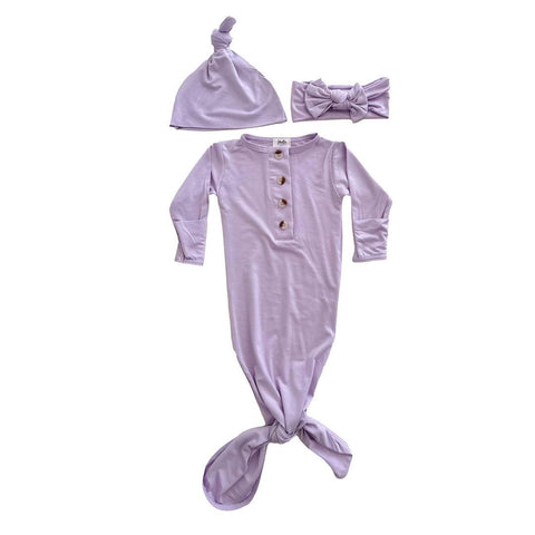 Knotted Button Baby Gown, Hat & Headband Set - Lavender - Stroller Society