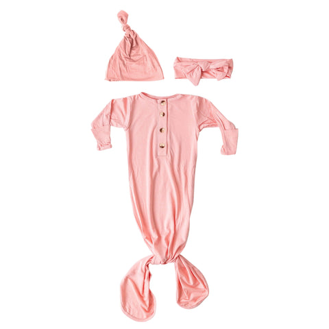 Knotted Gown, Hat & Headband Set - Pink - Stroller Society