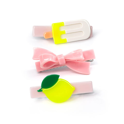 Lemon Pink Bow Popsicle Hair Clips Set - Lilies & Roses NY