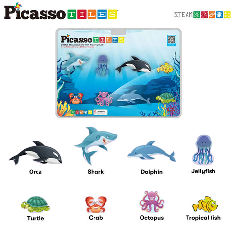 Marine Animal Figures Magnetic Building Tile Set (8 Pieces) - Picasso Tiles