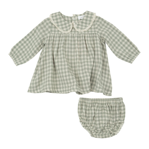 Mini Green Gingham Peter Pan Collar Dress Set - Angel Dear