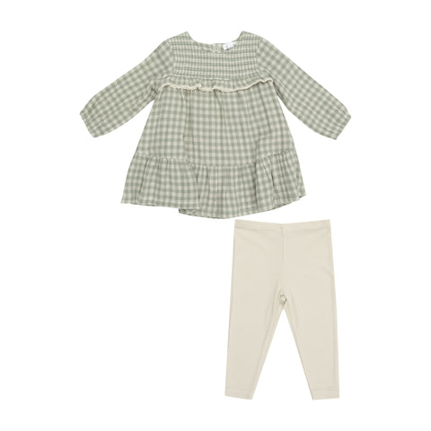 Mini Green Gingham Smocked Ruffle Tiered Dress & Ribbed Legging - Angel Dear