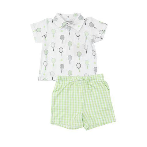 Mini Green Tennis Gingham Polo Shirt and Shorts Set - Angel Dear