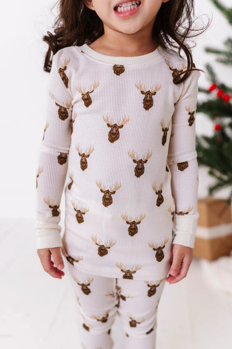 Moose Waffle Knit Kids Pajama Set - Kiki + Lulu